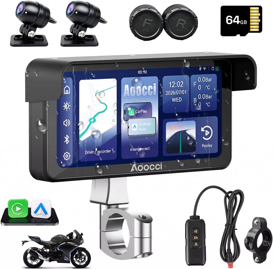 Aoocci C6 Pro motorcycle display and dual dash camera